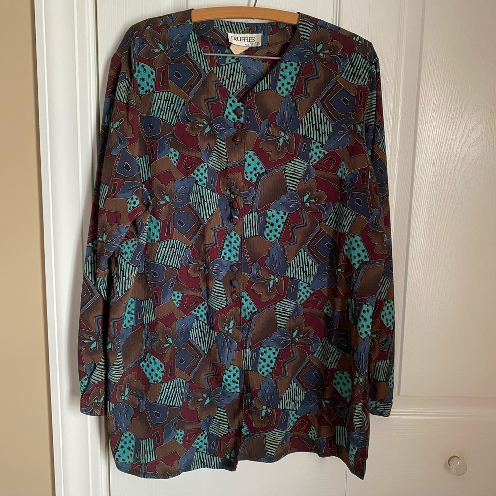 Vintage Blue Brown Abstract Artsy Floral Button Up Blouse Relaxed Silhouette Y2K
